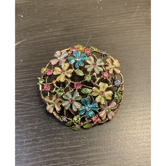 Vintage Monet Gold Enamel Rhinestone Brooch Multi Flower Shape Filigree Dome - Picture 3 of 8